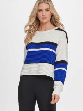 DKNY Blue Black Striped Cotton Sweater Eye Catching Knit S/M